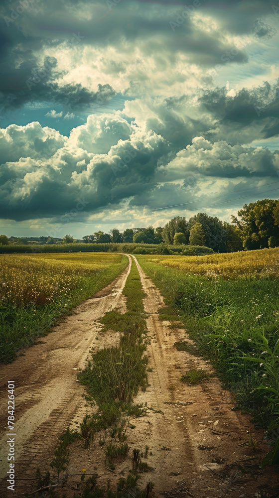 A road in a field with a cloudy sky in the background