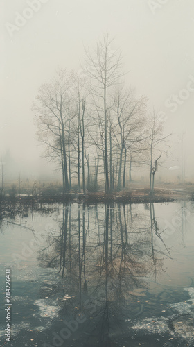 A forest with a body of water in the background. The trees are bare and the water is calm