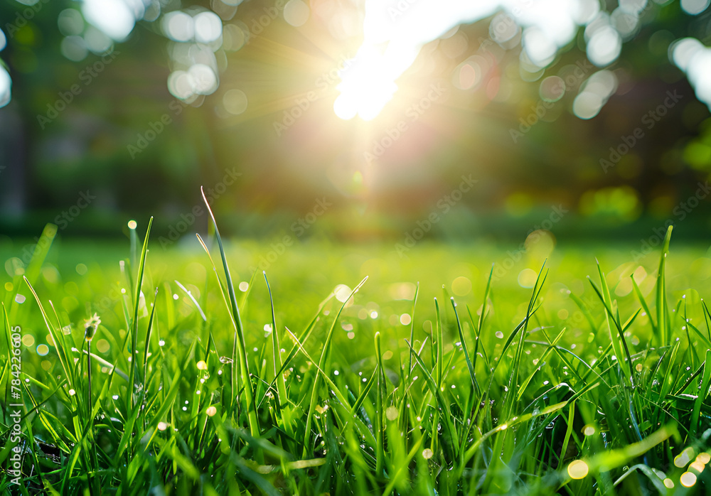 Fototapeta premium Green lawn with fresh grass outdoors. Nature spring grass background texture