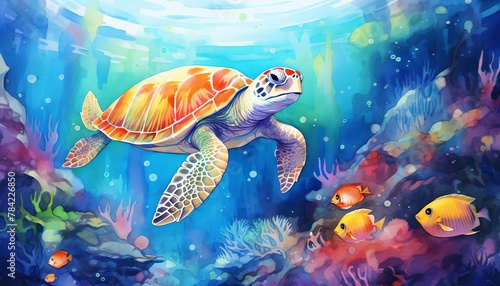 Illustrate a playful underwater world where color theory shines through, showcasing a comedic moment in a traditional watercolor medium with pixel art detailing