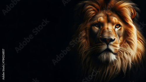 Portrait of a Lion Closeup of wild lion face on black background, generative ai