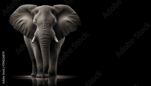 An elephant with a gold and white pattern on its face with isolated black background, generative ai