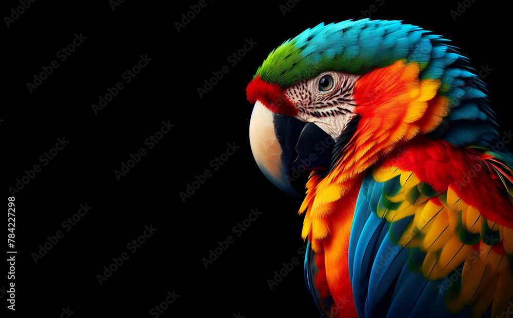 Obraz premium Multicolored parrot is standing on black background with its beak open Generative AI