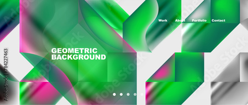 A vibrant geometric pattern featuring green and pink shapes inspired by terrestrial plant petals on an electric blue rectangle. Graphics font on white background