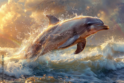A graceful dolphin leaps through the air against a blurred ocean background