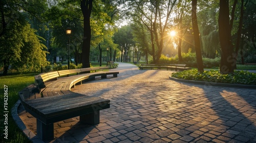 City park at sunset, benches and paths enhanced with gradient shapes, creating a serene, flowing environment photo