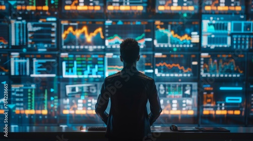 Businessman views numerous financial data screens