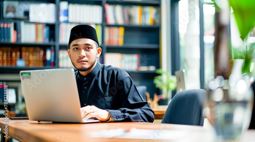 A young Muslim entrepreneur at a co-working space, blending modern business practices with traditional ethical values.