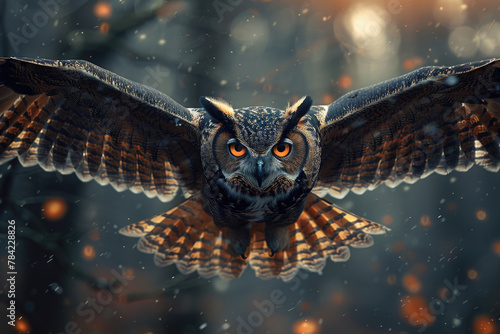 A silent owl glides through the forest, its wings outstretched, its eyes focused on its prey