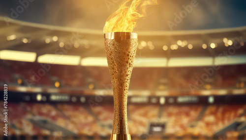 Cup golden torch with fire in the stadium