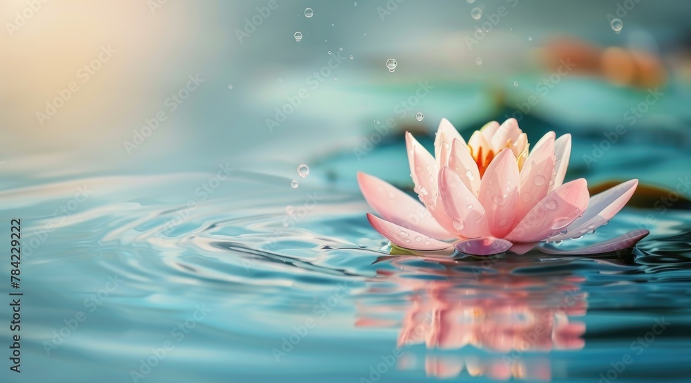 Lotus flower with water drop in calm water.