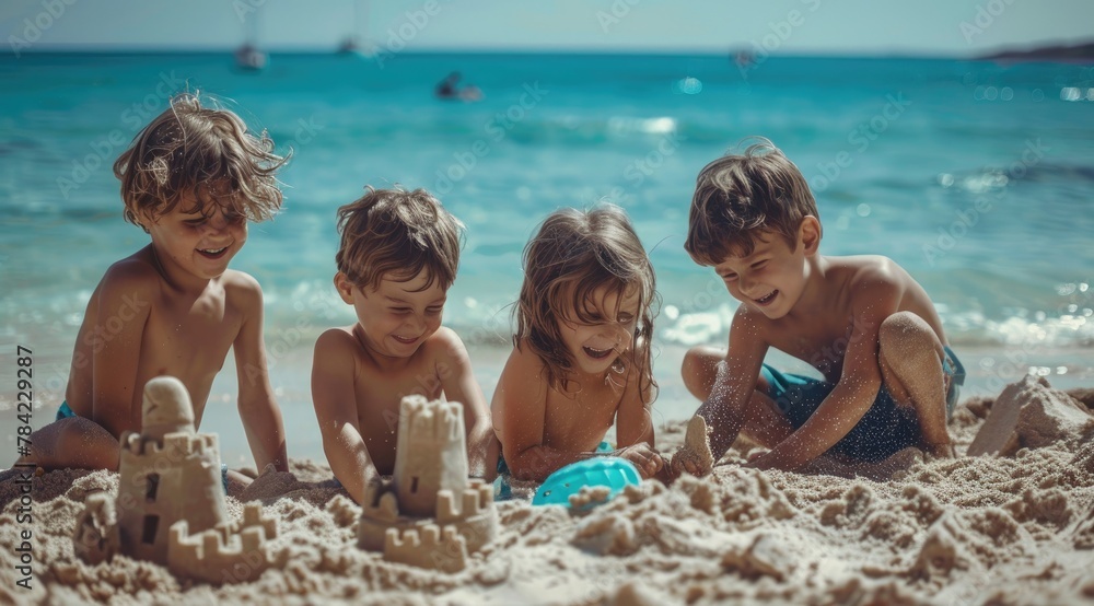 Children lying on the sand of the seashore. Building sandcastle. Concept of the family vacation, tourism and friendship. Children lying on the sand of the seashore. Building sandcastle. Concept of the family vacation, tourism and friendship.