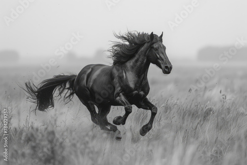 A powerful horse gallops across the field  its mane and tail flowing in the wind