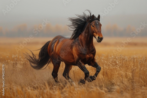 A powerful horse gallops across the field, its mane and tail flowing in the wind