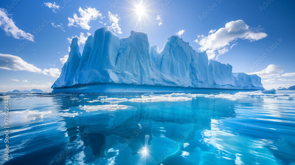 iceberg floating in icy waters, with intricate patterns of blue and white ice glistening in the sunlight.