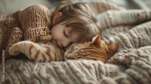 Serene scene of a child and a kitten napping