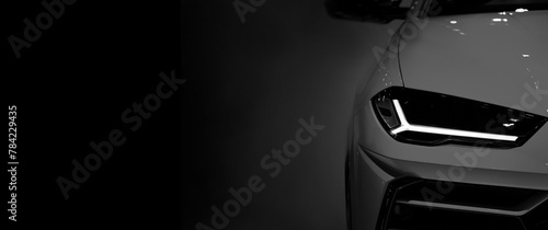 Front view of LED headlights sport car on black background, copy space	