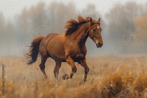 A powerful horse gallops across the field  its mane and tail flowing in the wind