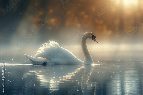 An elegant swan glides across the lake  its long neck outstretched