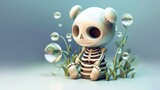 Skeleton with a flower in the background.