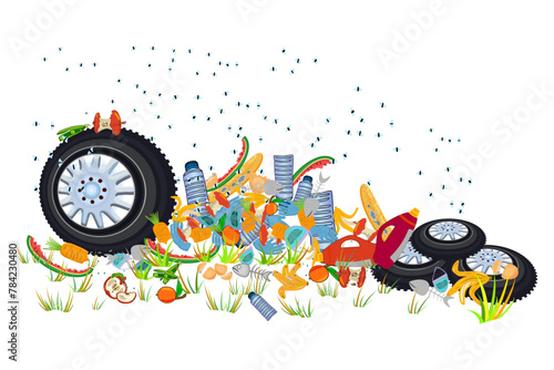 Colonies of flies fly over leftover food on the ground. Stack unsorted trash in grass. Rotting rubbish in land and flies flying around. Environment. Rubbish smells and started to decompose. Vector