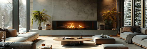 Wide-angle shot of a cozy sitting area with a fireplace, hyperrealistic photography of modern interior design