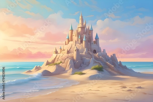 {An artistic interpretation of a sandcastle on the seaside, creating a dreamy and nostalgic atmosphere in a holiday concept. The art style is impressionistic, with soft brush strokes and pastel colors