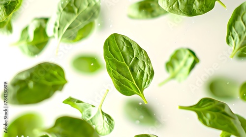 Fresh green basil leaves floating in the air on a white background. Perfect for healthy lifestyle themes. Clean and vibrant design. AI