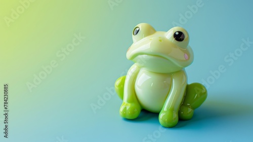 Green frog toy on blue background with copy space for your text.