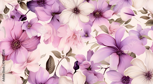 Seamless pattern of white  pink and purple flowers
