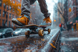 A skateboarder's body and skateboard blur as they grind along a metal rail in an urban setting