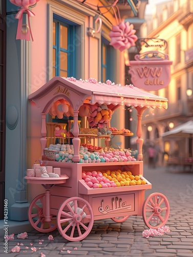 Charming Candy Cart with Colorful Candies in Cartoon Style Illustration on Bustling Street Scene