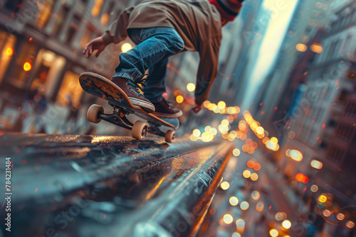 A skateboarder's body and skateboard blur as they grind along a metal rail in an urban setting © Veniamin Kraskov