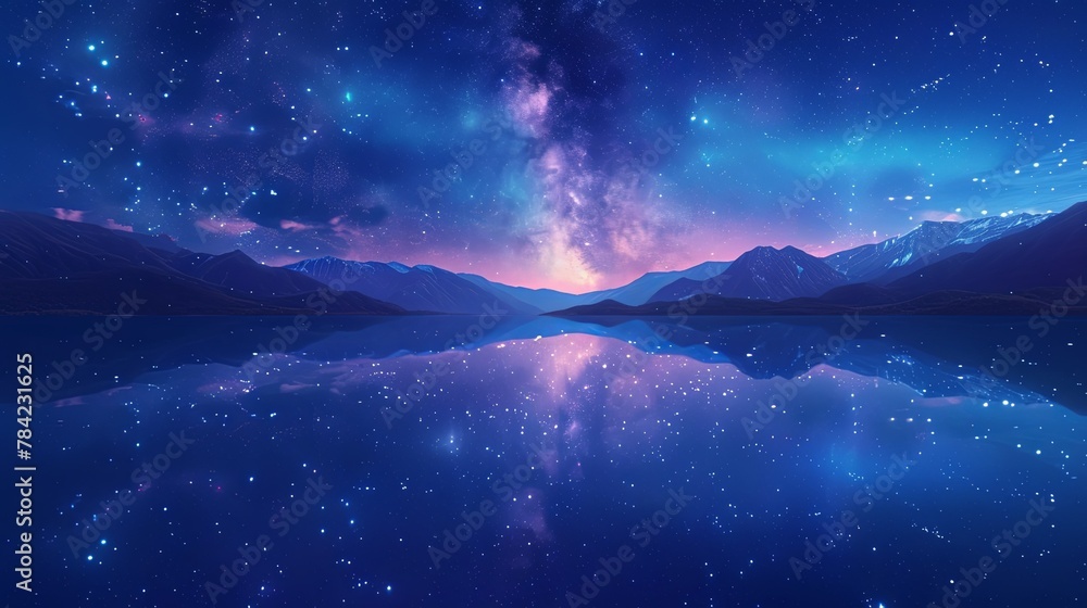 Serene Lake Reflecting the Milky Way and Distant Mountains, Stylish Animation Under Starry Night Sky