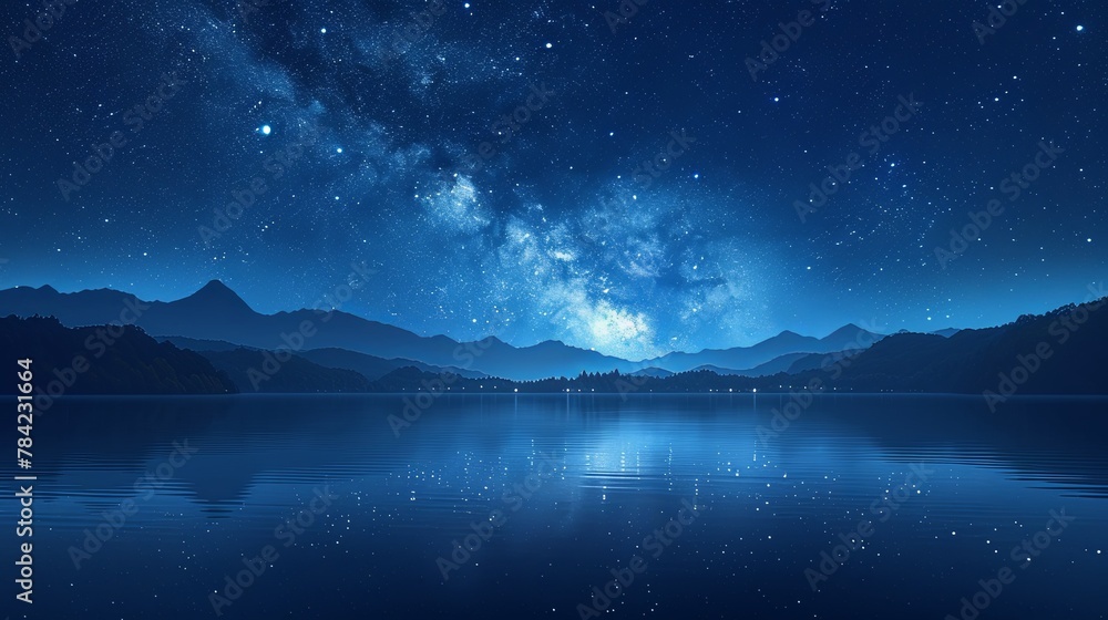 Serene Lake Reflecting the Milky Way and Distant Mountains, Stylish Animation Under Starry Night Sky Serene Lake Reflecting the Milky Way and Distant Mountains, Stylish Animation Under Starry Night Sky