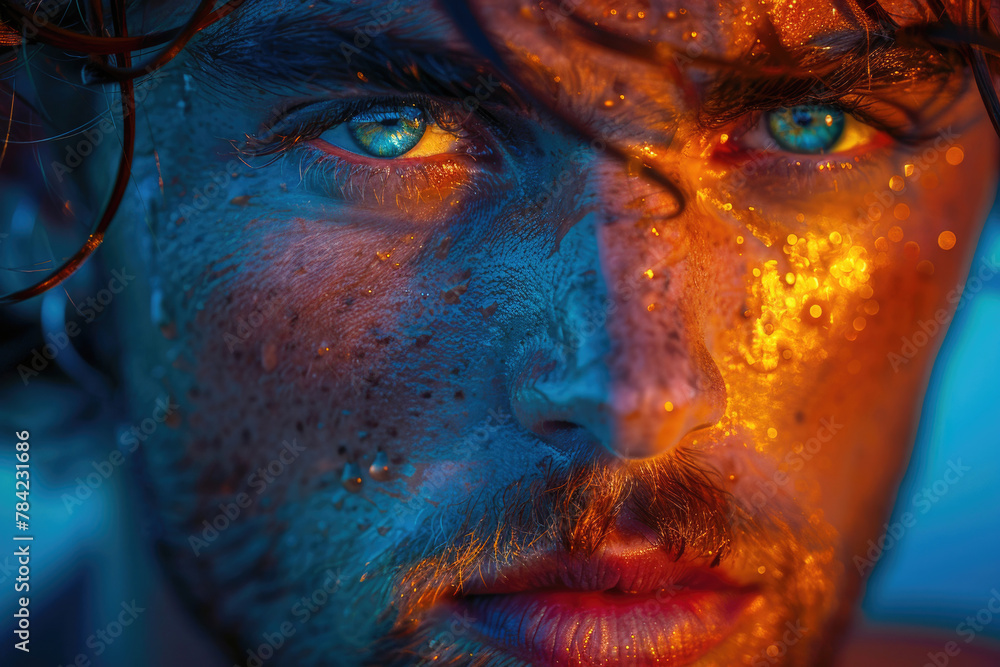 A close-up portrait of a person with an intense, piercing gaze, captured with vibrant colors