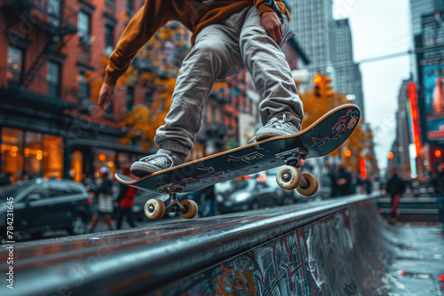 A skateboarder's body and skateboard blur as they grind along a metal rail in an urban setting