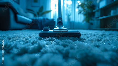 A vacuum's hum fills the air as a cleaner swiftly navigates through rooms, banishing dirt and allergens for a healthier home photo