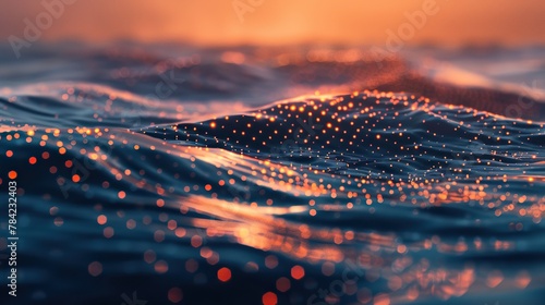 Tech pulse, dots leading to a horizon of waves, frontal angle, sunset ambiance photo