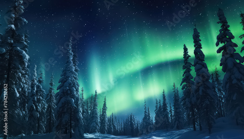 Beautiful aurora borealis over the forest in winter