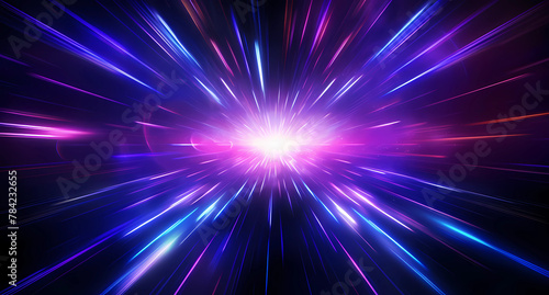 colorful light rays with purple and blue neon lines flying in space