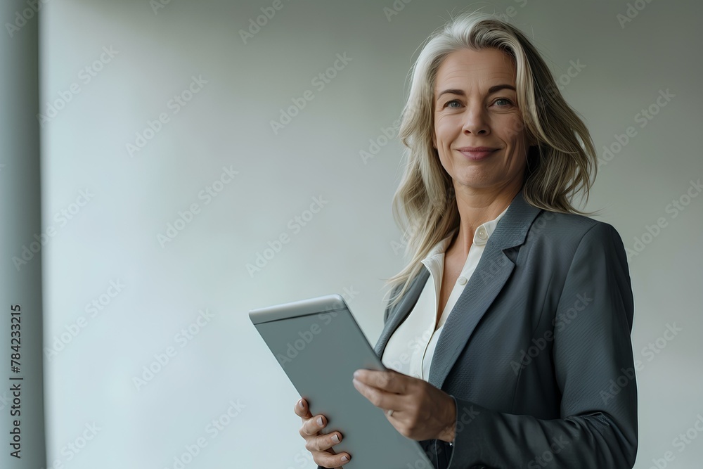 a middleaged businesswoman smiling while holding and looking at her tablet, wearing suit standing over studio background with copy space for text. business technology lifestyle concept. generative AI a middleaged businesswoman smiling while holding and looking at her tablet, wearing suit standing over studio background with copy space for text. business technology lifestyle concept. generative AI