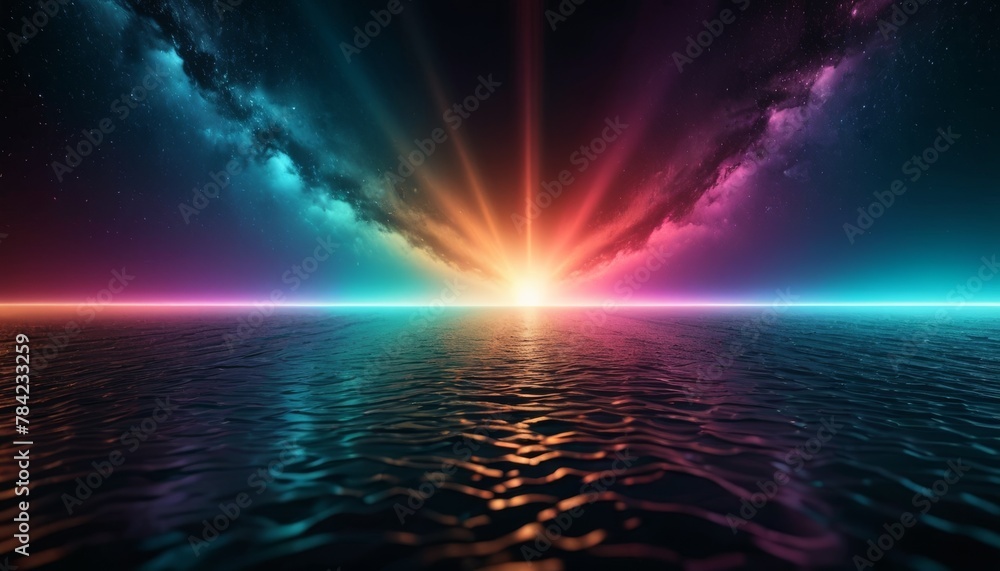 A vibrant cosmic sunrise with radiant beams and a starry sky reflected over a calm ocean.. AI Generation. AI Generation