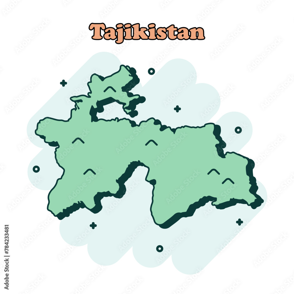 Obraz premium Tajikistan cartoon colored map icon in comic style. Country sign illustration pictogram. Nation geography splash business concept.