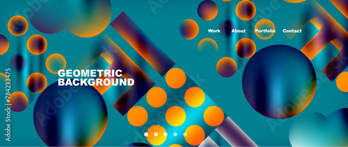 An artistic geometric pattern featuring circles and triangles in azure and orange hues on an electric blue background. A fun and vibrant art display