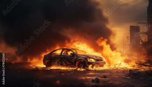 Burning car on the streets of the city