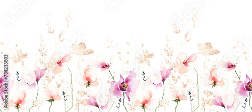 Watercolor seamless floral border frame on white background. Pink, orange, golden wild flowers, branches, leaves, twigs.