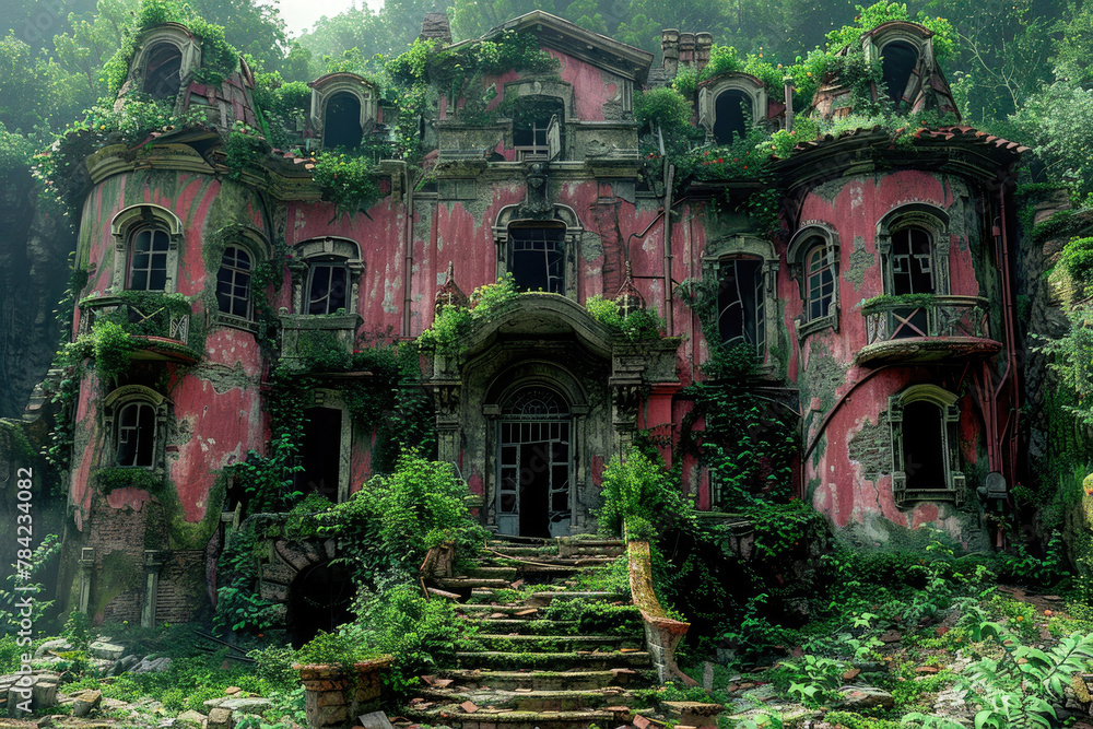 A decaying mansion with crumbling walls and overgrown vegetation