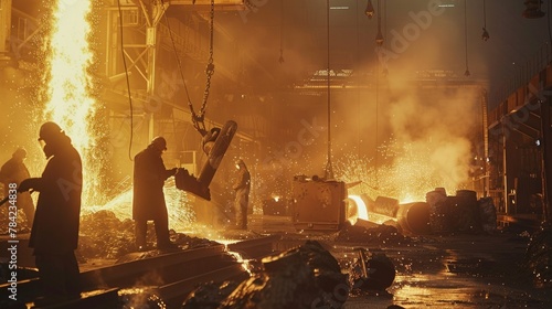 Steelworkers Pouring Molten Metal photo