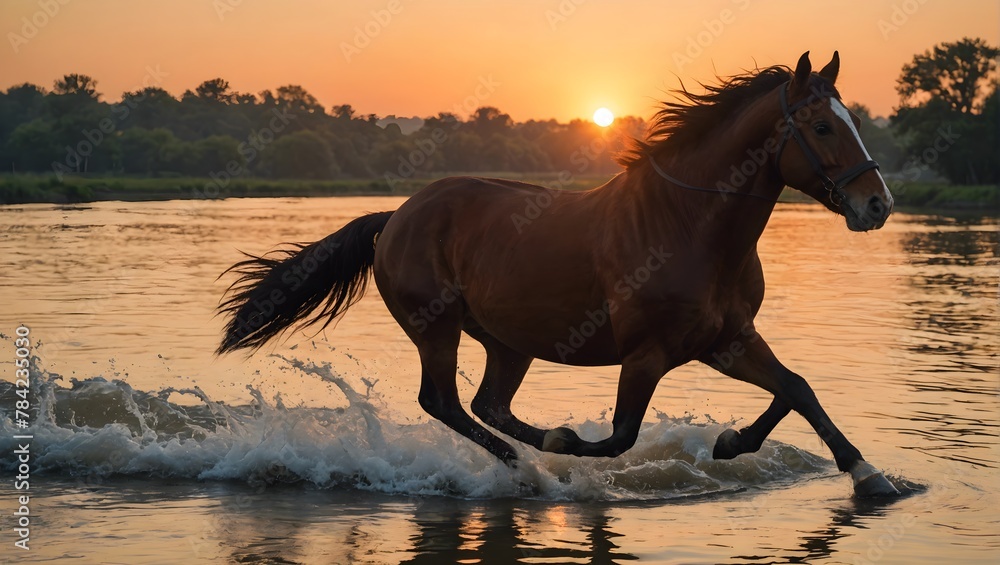 Horse-running-on-the-river-with-sunset Horse-running-on-the-river-with-sunset